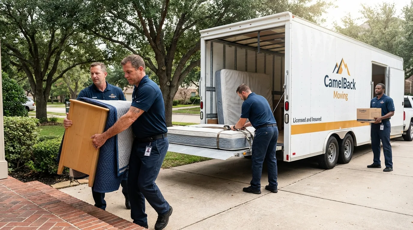 Crew loading residential truck for cross-state move from New Iberia, LA