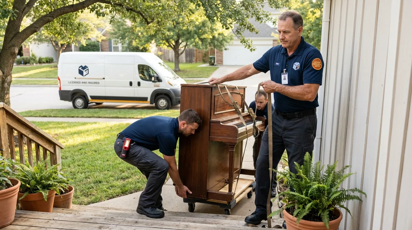 Licensed piano movers securing grand piano in New Iberia, LA