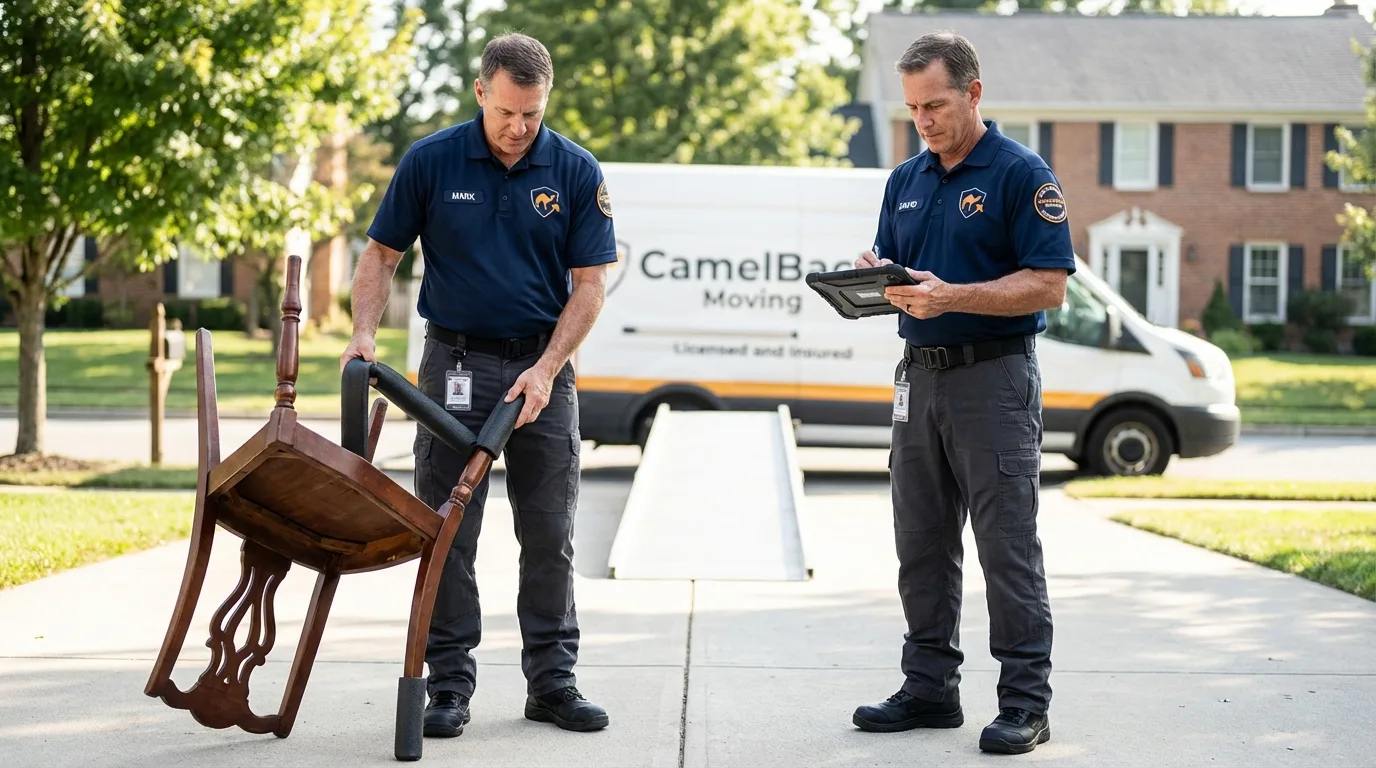 Movers inspecting furniture for damage prevention before loading in New Iberia, LA
