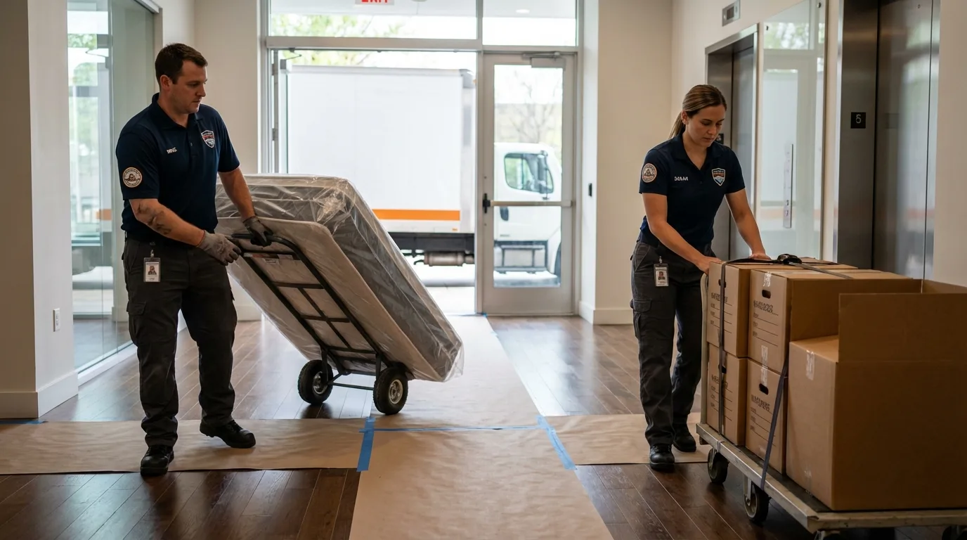 Professional apartment movers loading elevator in New Iberia, LA
